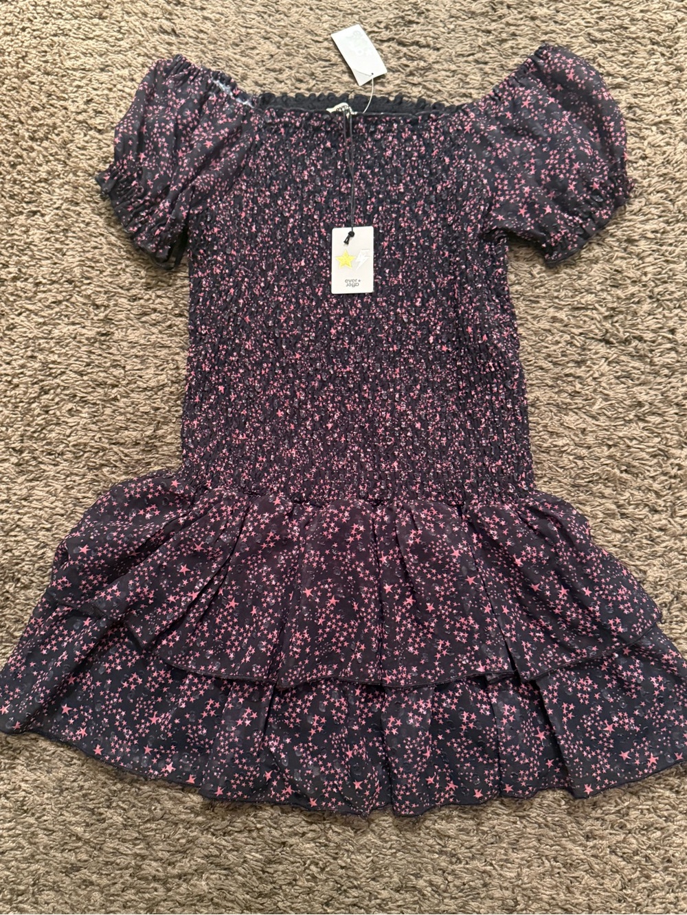 Smocked Off-Shoulder Navy Dress with Pink Star Print - Kids
